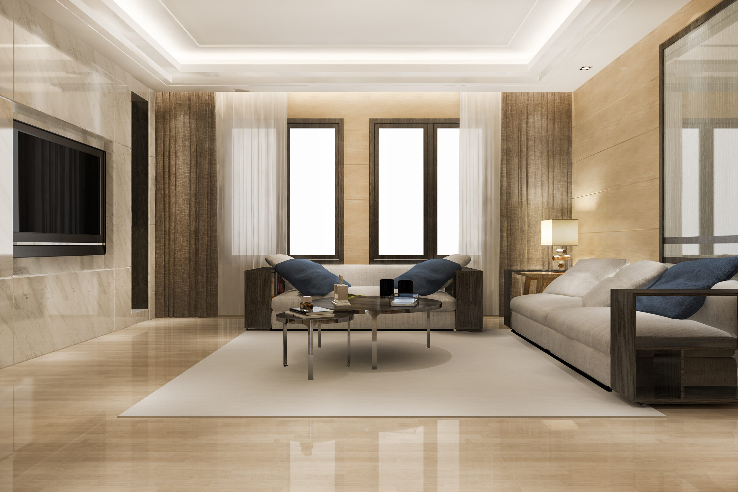 3d rendering luxury and modern living room with leather sofa and lamp